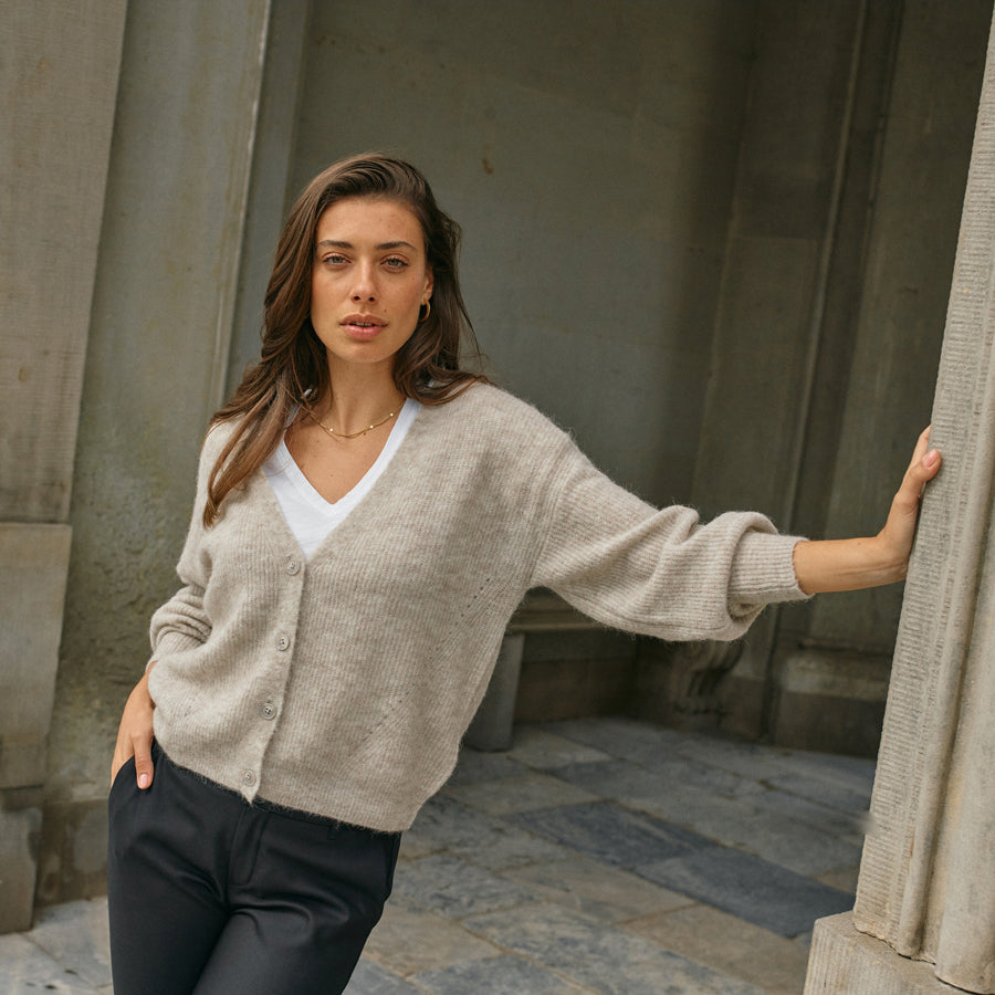 Thora V-Neck Knit Cardigan - Feather Gray