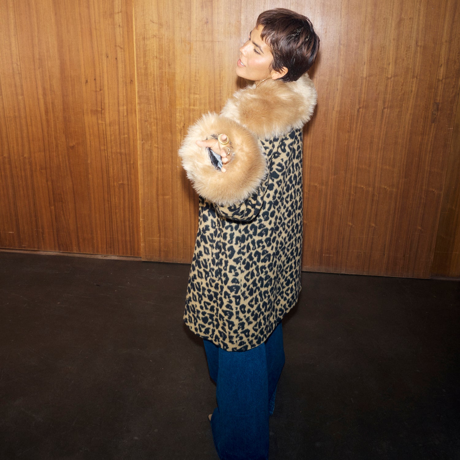 Leopard Coat With Fur Trims - Brown
