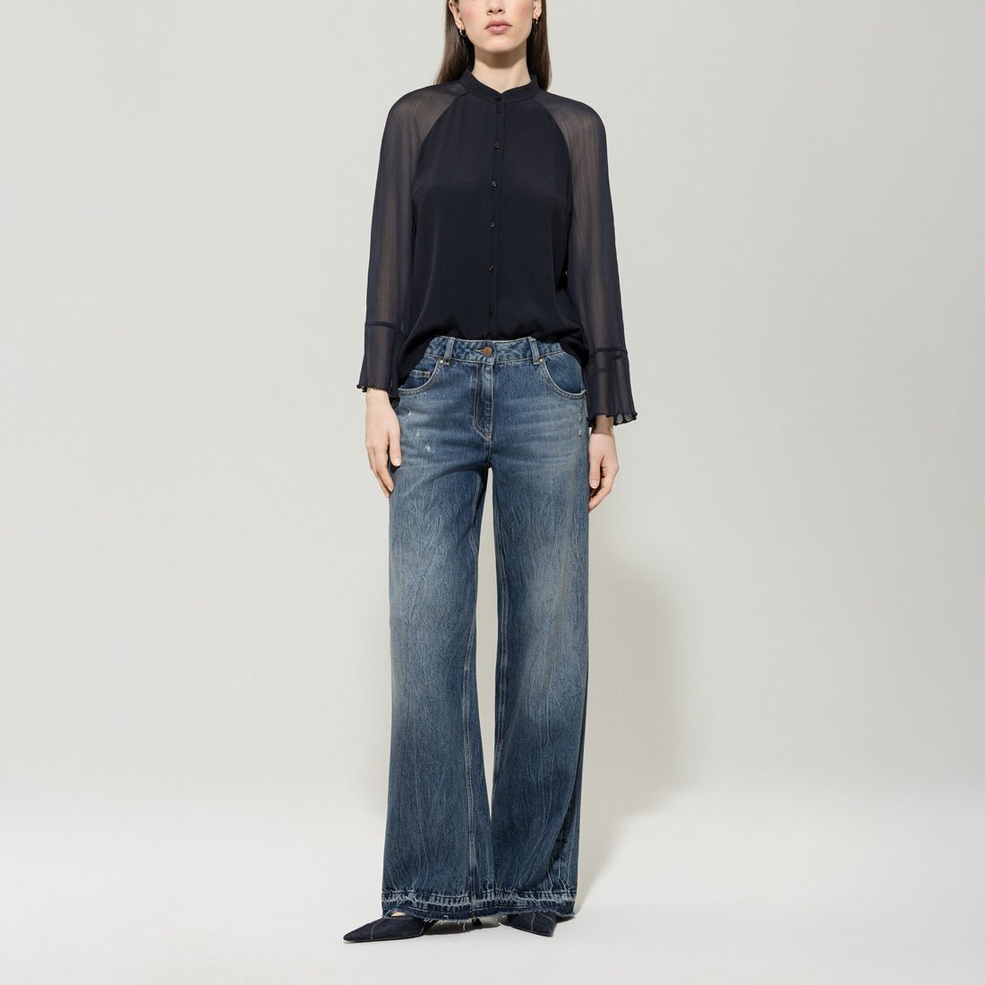 Silk Blend Blouse - Dark Blue