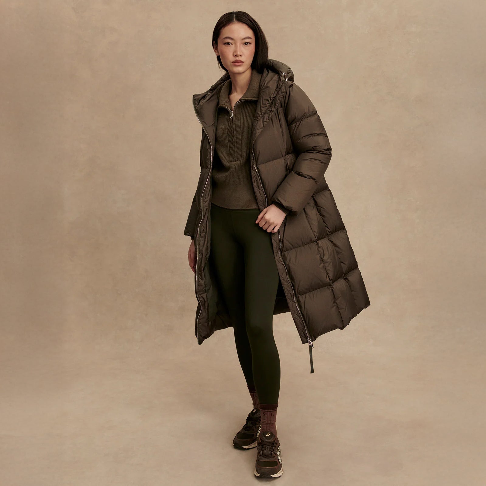 Katya Long Down Puffer - Dark Olive Metallic