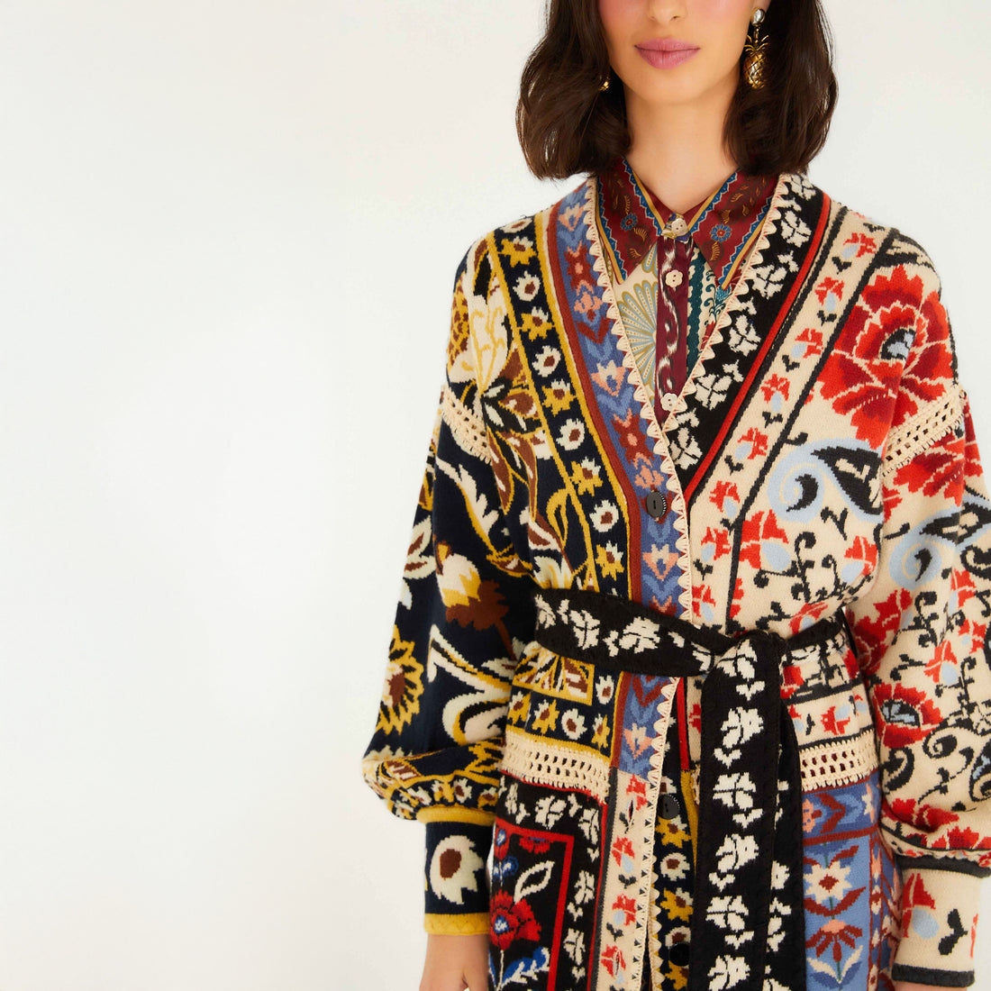 Patchwork Knit Midi Cardigan - Flower Print Patchwork