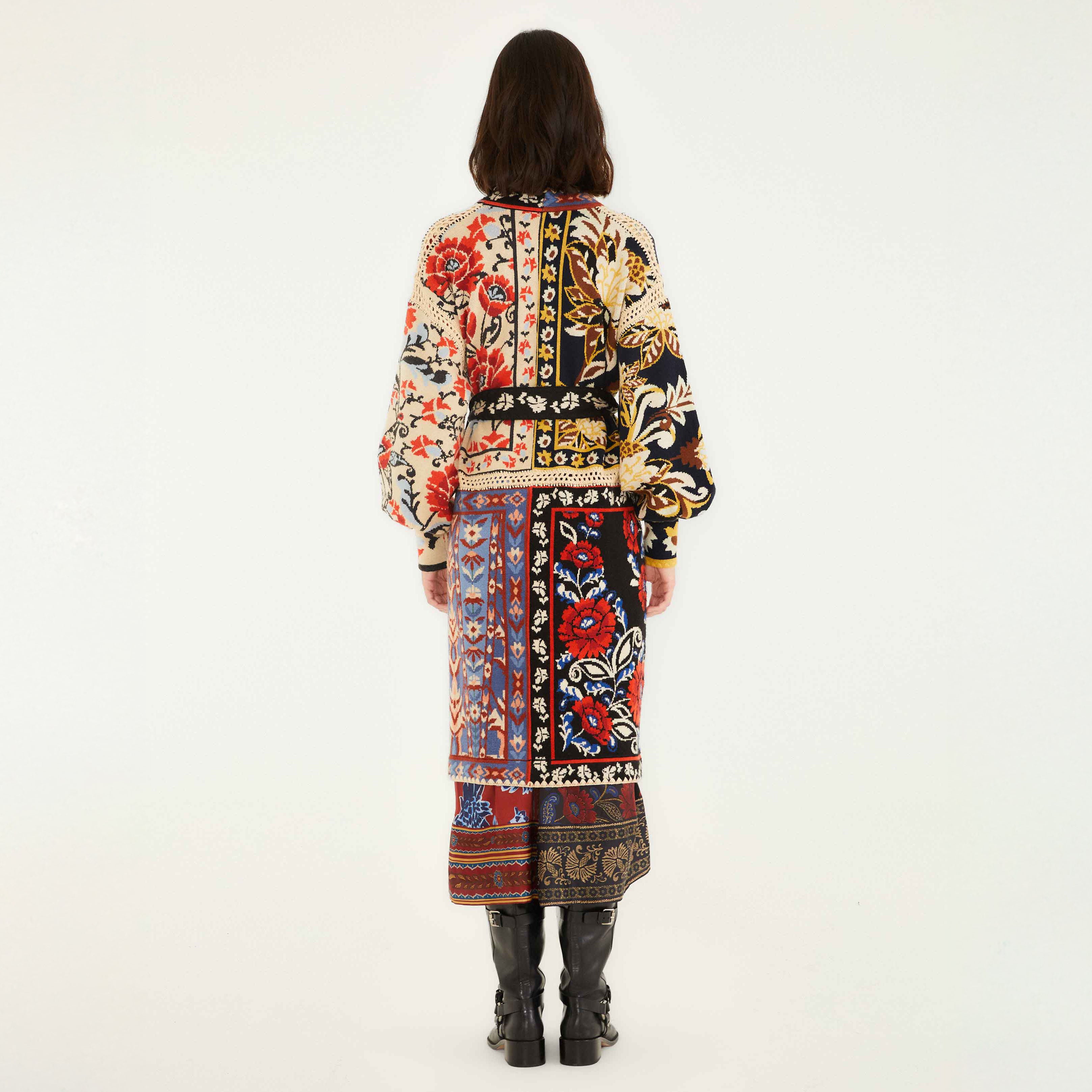 Patchwork Knit Midi Cardigan - Flower Print Patchwork