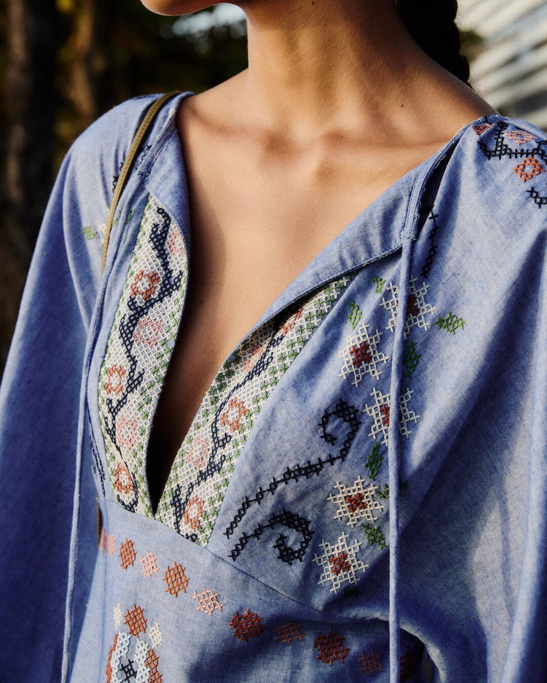Embroidery Long Sleeve Midi Dress - Garden Tapestry Blue