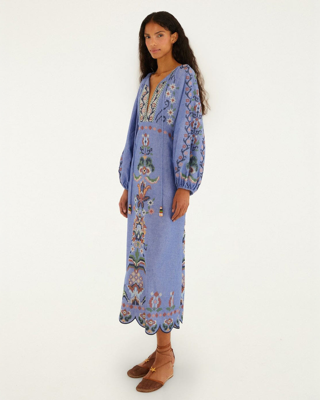 Embroidery Long Sleeve Midi Dress - Garden Tapestry Blue