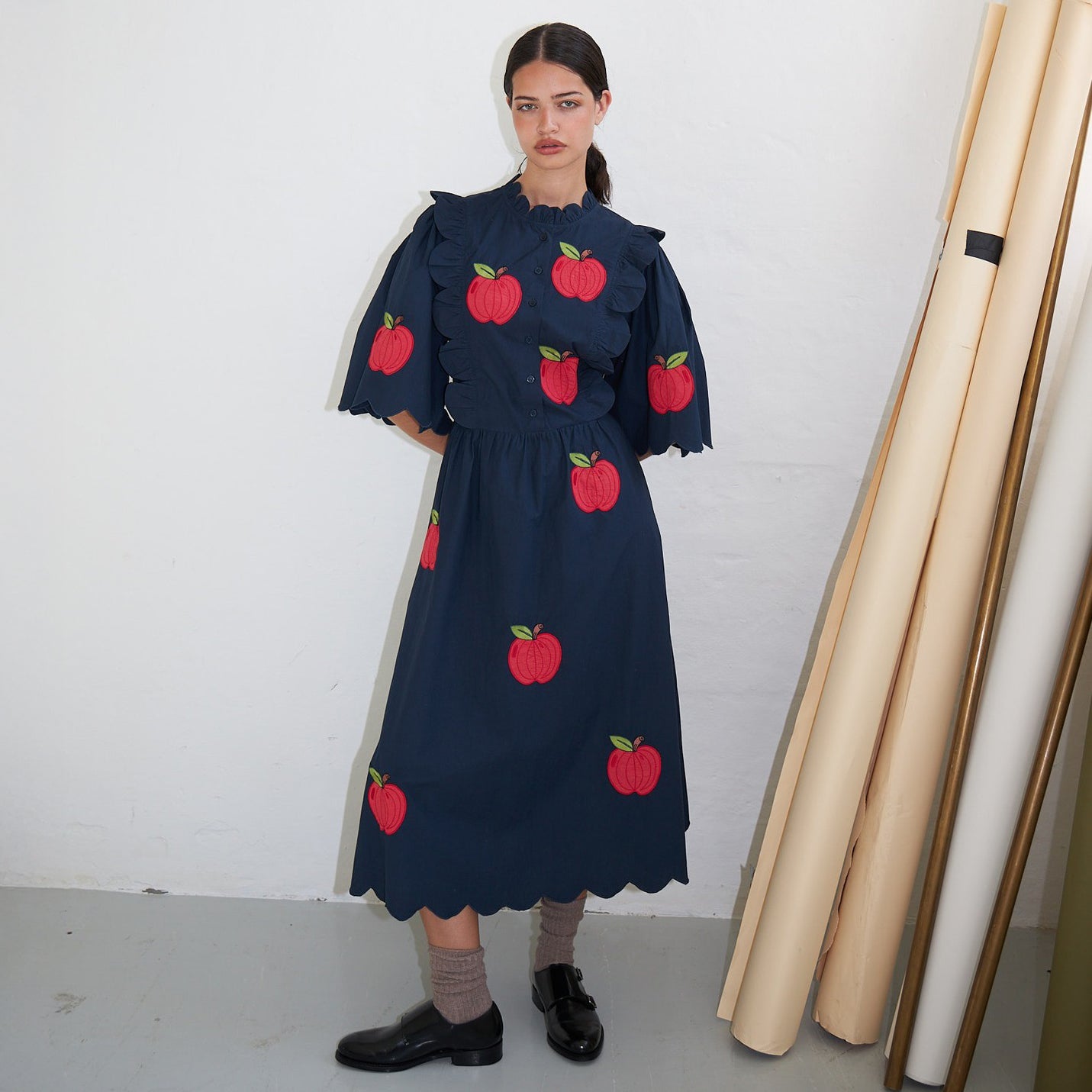 Embroidered Cotton Midi Dress - Navy