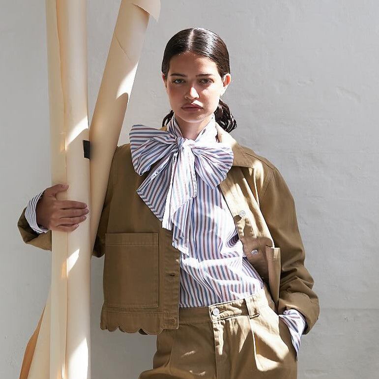 Striped Bow Shirt In Cotton - Red & Blue Stripes