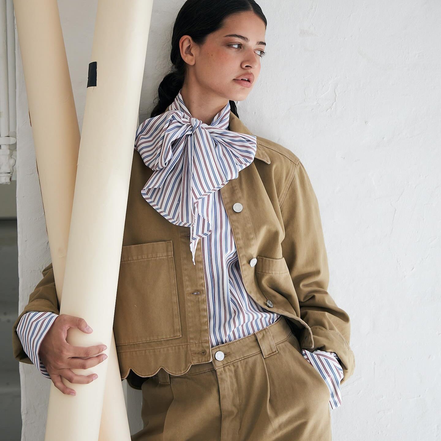 Striped Bow Shirt In Cotton - Red & Blue Stripes