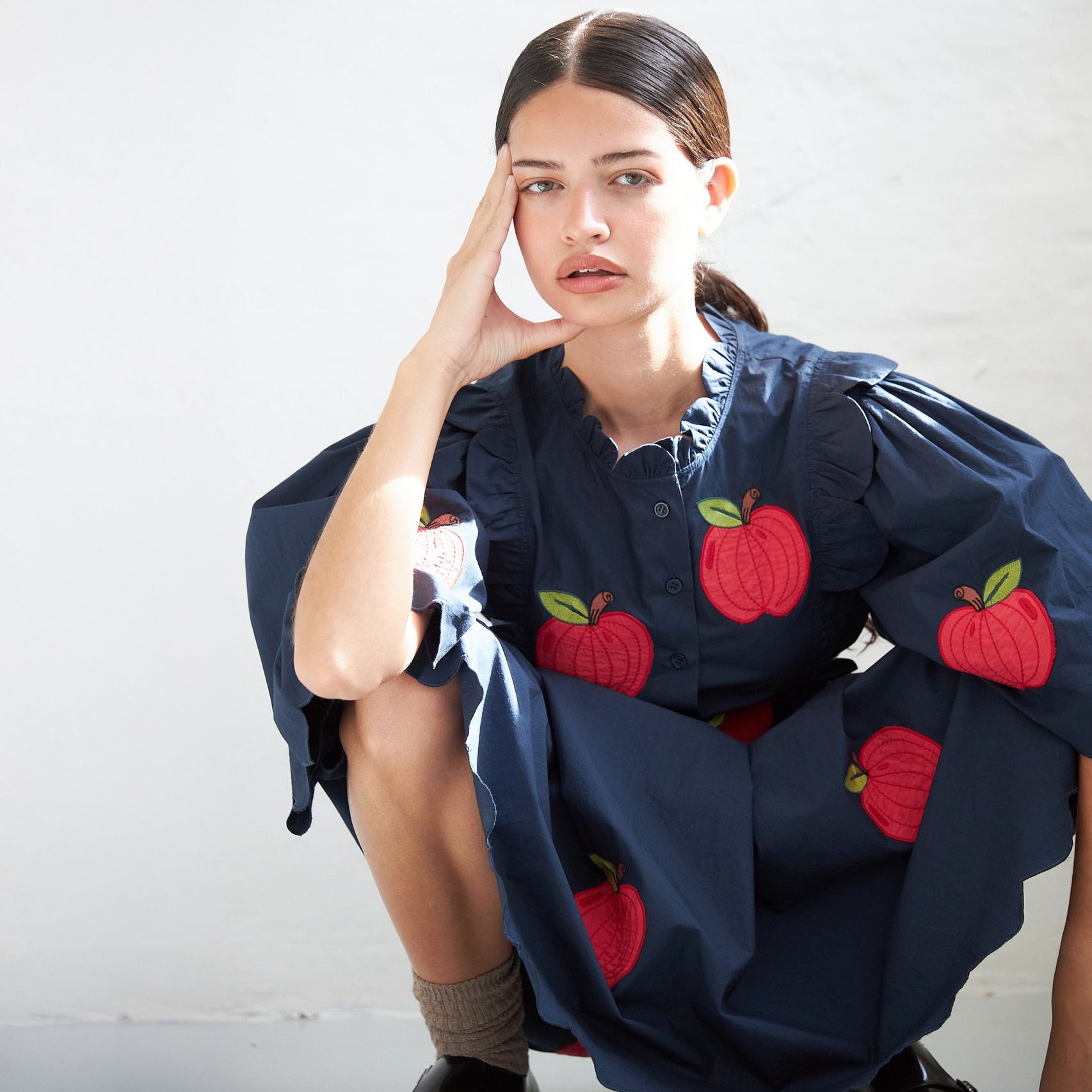 Embroidered Cotton Midi Dress - Navy