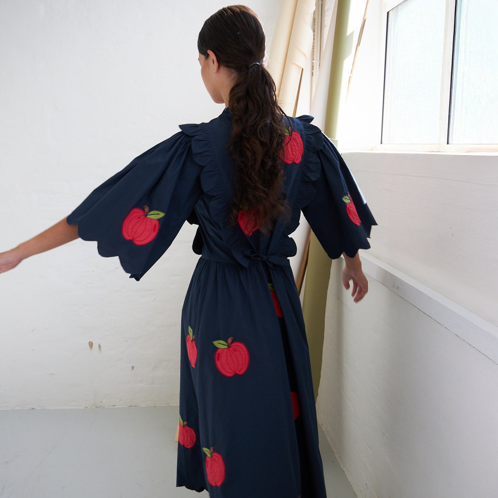 Embroidered Cotton Midi Dress - Navy