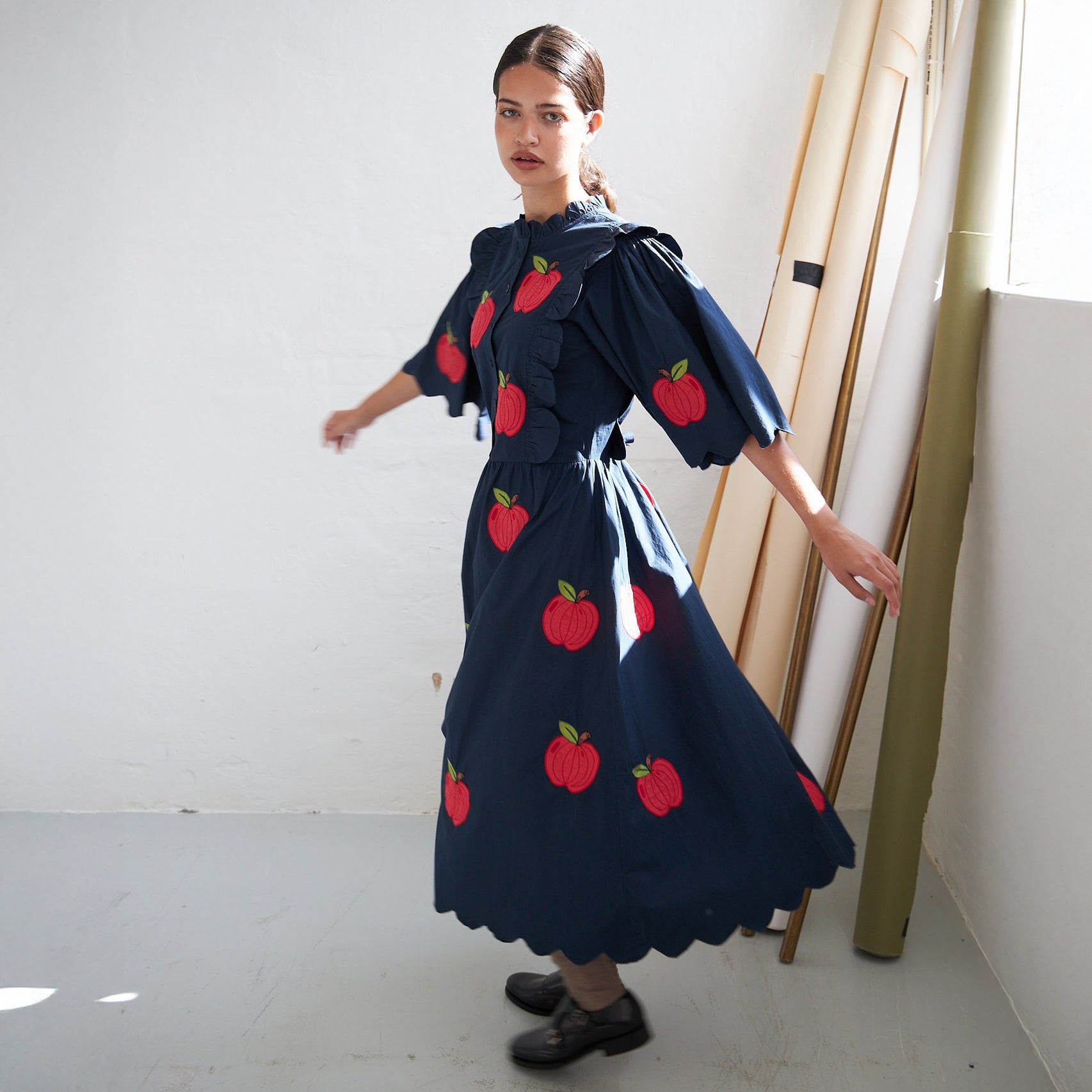 Embroidered Cotton Midi Dress - Navy