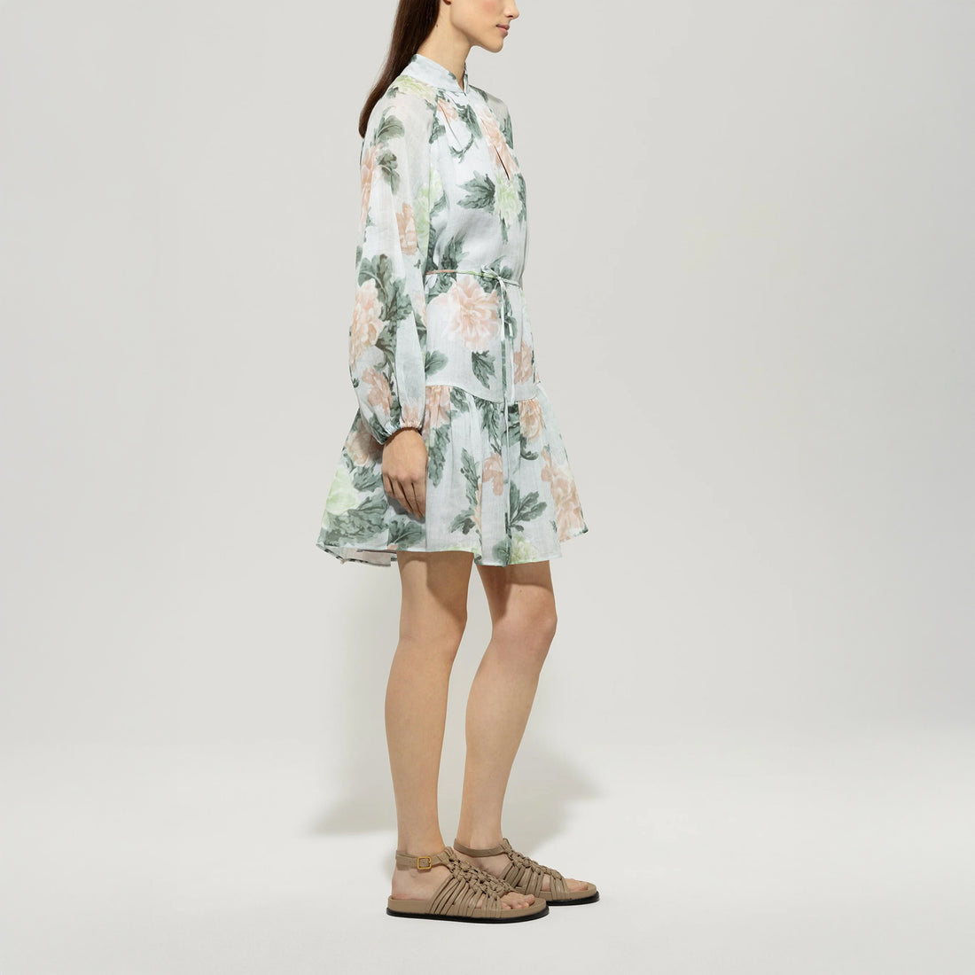 Linen Rose Print Dress - Mint Green