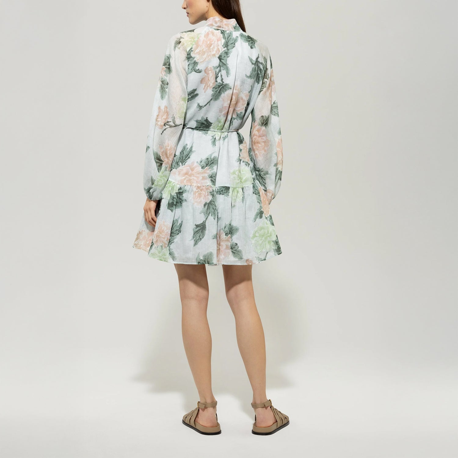 Linen Rose Print Dress - Mint Green