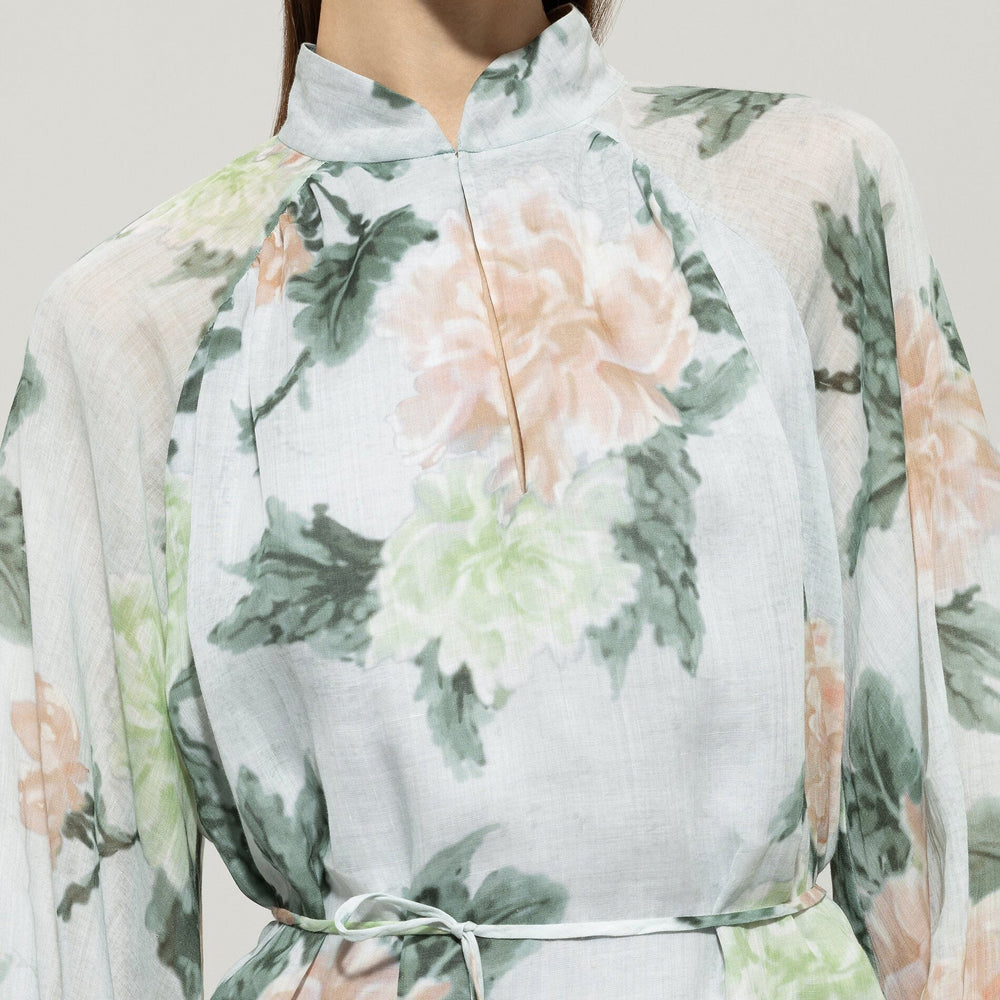 Linen Rose Print Dress - Mint Green