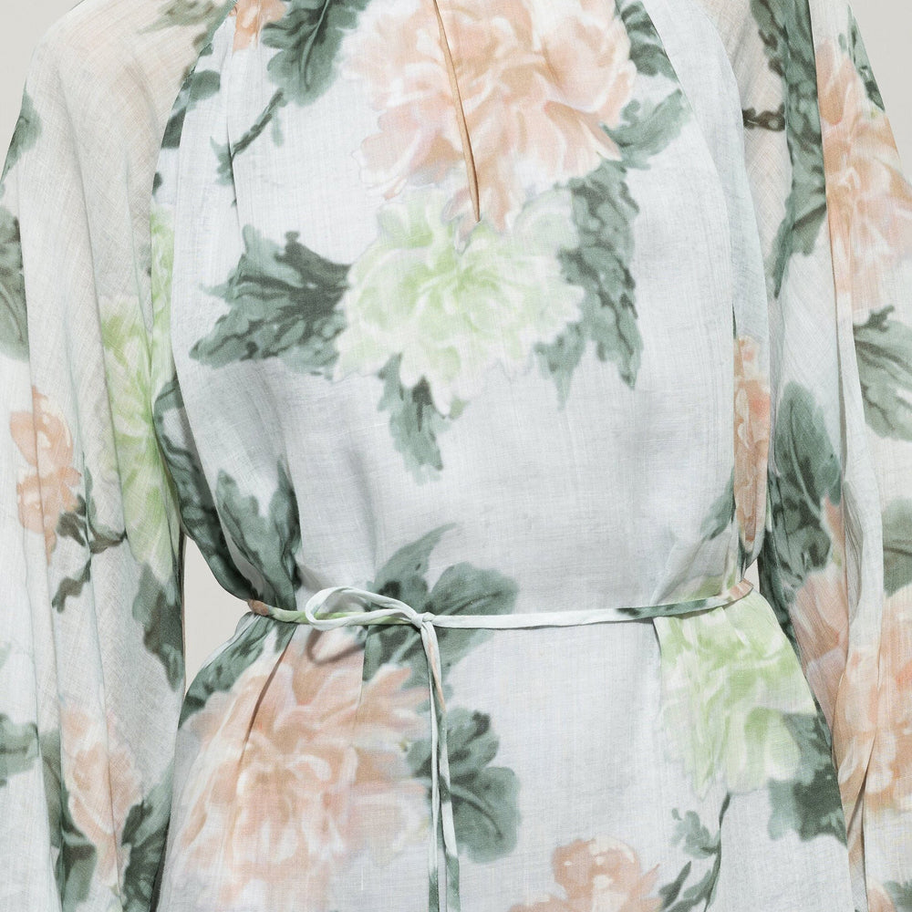 Linen Rose Print Dress - Mint Green