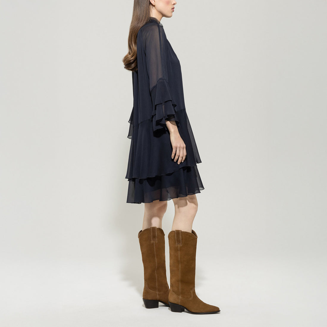 Knee Length Frill Dress - Dark Blue