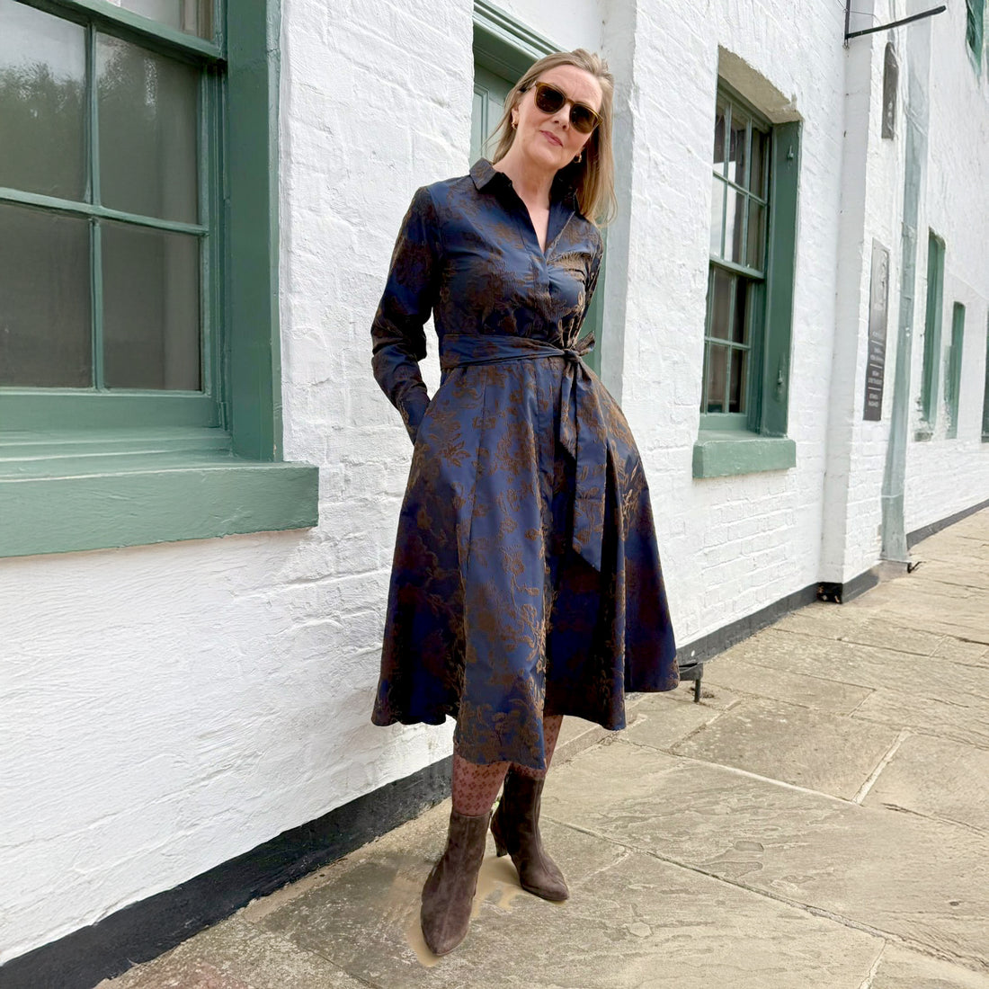 Flock Print Shirt Dress - Navy