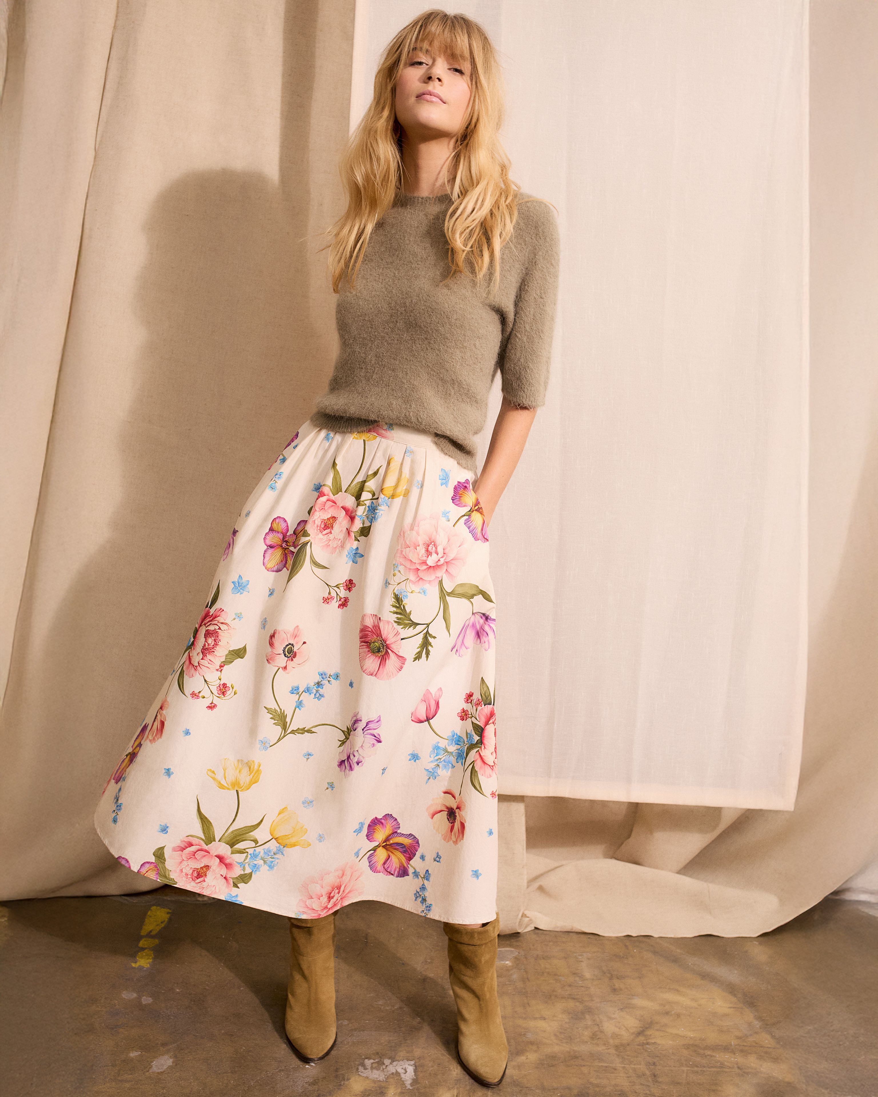 Floral Midi Skirt - White Red