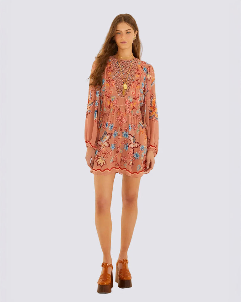Lace Long Sleeve Mini Dress - Boho Enchance Mocha