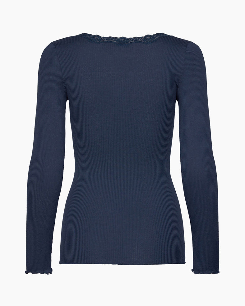 Babette Long Sleeve U-Neck Lace T-Shirt - Navy