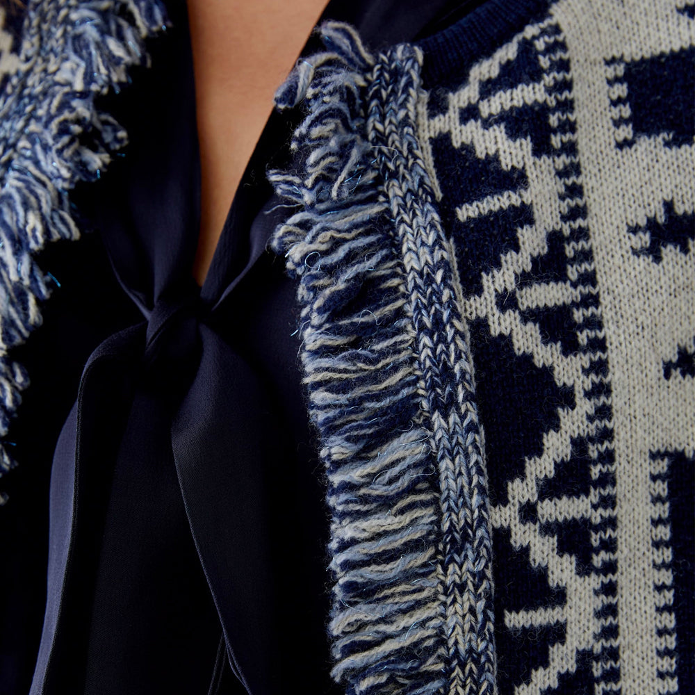 Blue White Knitted Fringed Cardi - Blue White