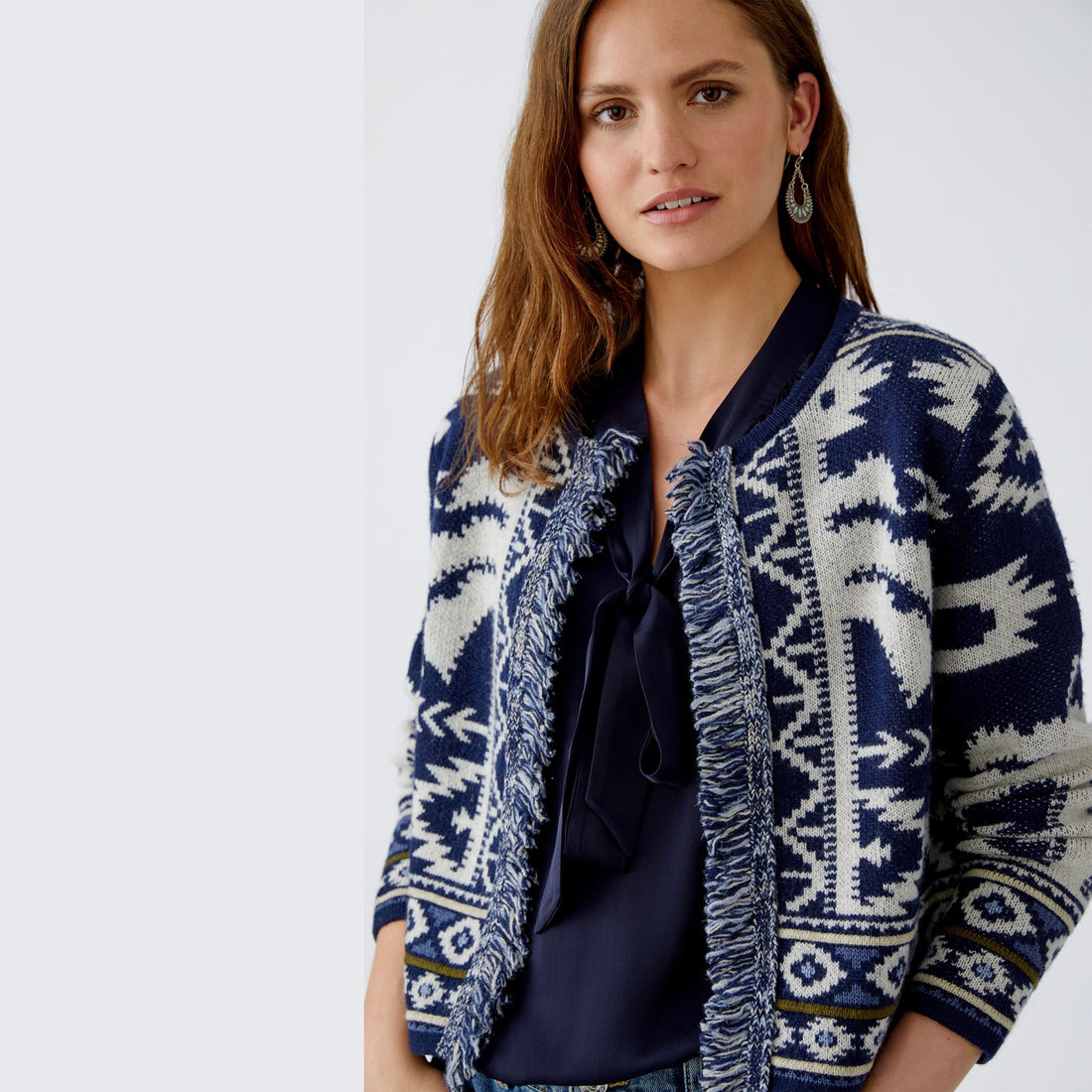 Blue White Knitted Fringed Cardi - Blue White