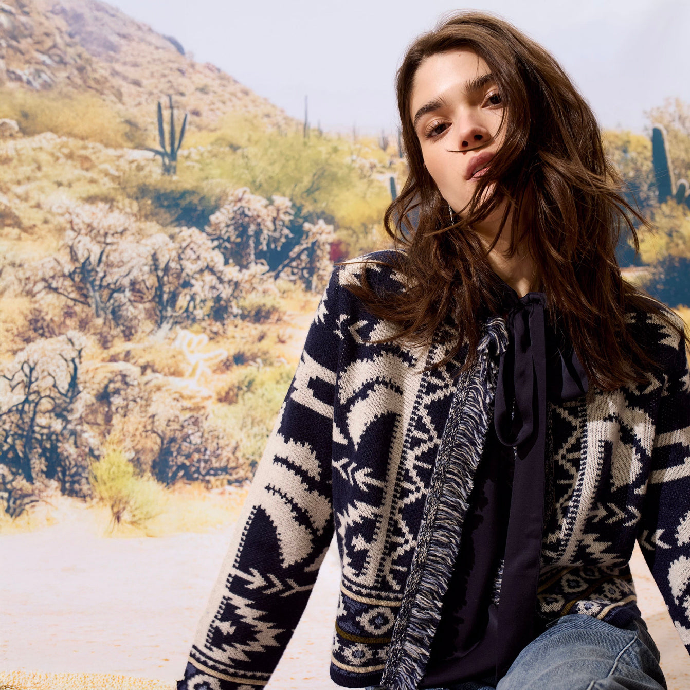 Blue White Knitted Fringed Cardi - Blue White