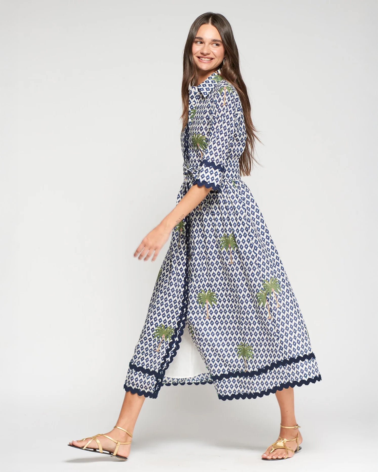 Brenda Ric Rac Printed Shirt Dress - Navy