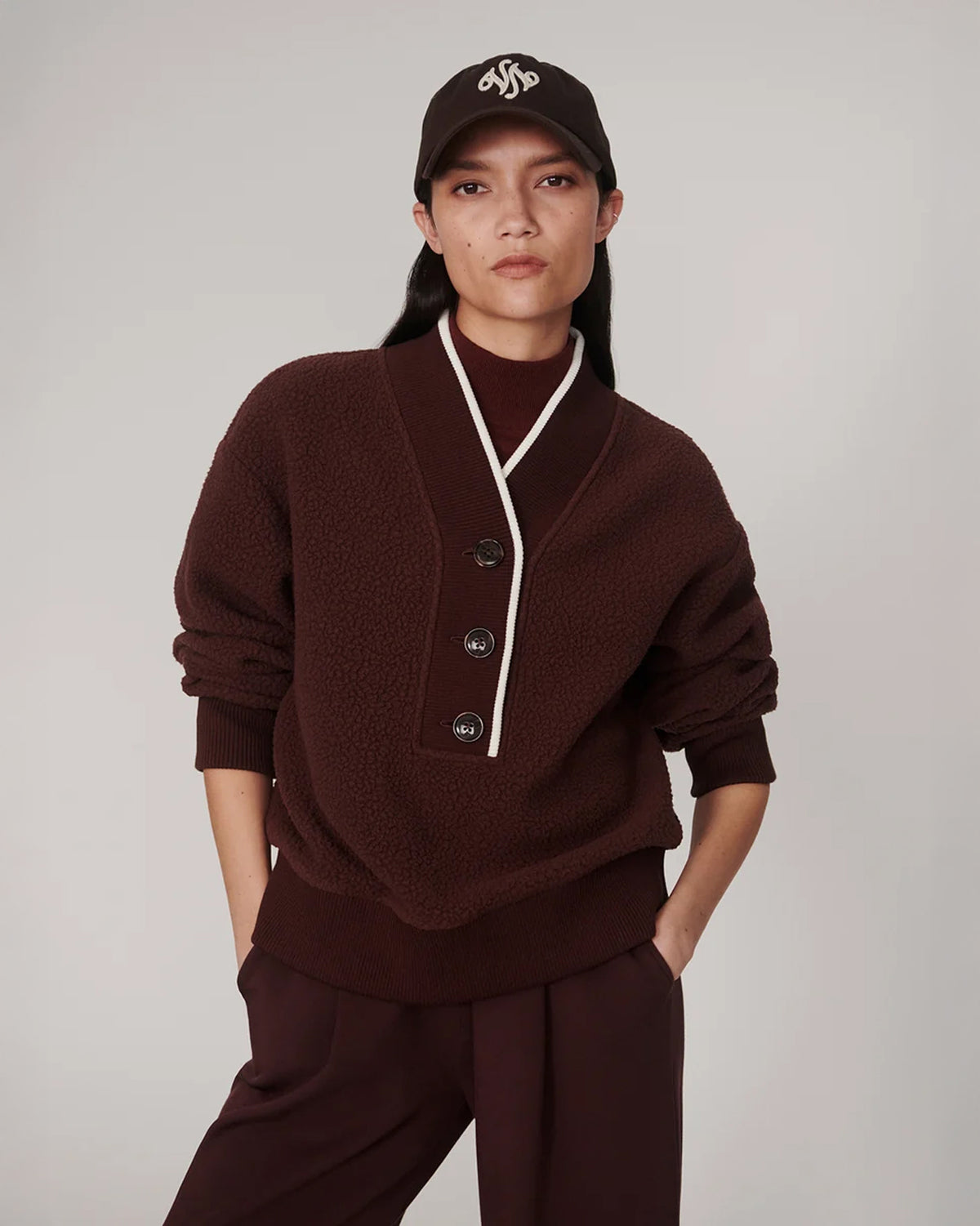 Brenna Button Neck Fleece - Mahogany