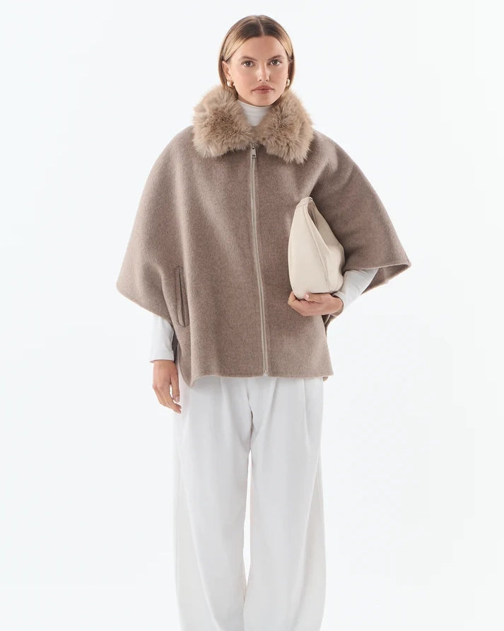 Faux Fur Collared Cape - Wool Blend - Taupe