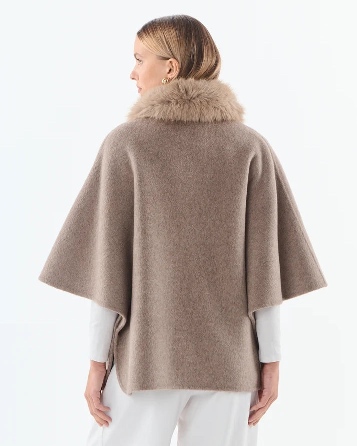 Faux Fur Collared Cape - Wool Blend - Taupe