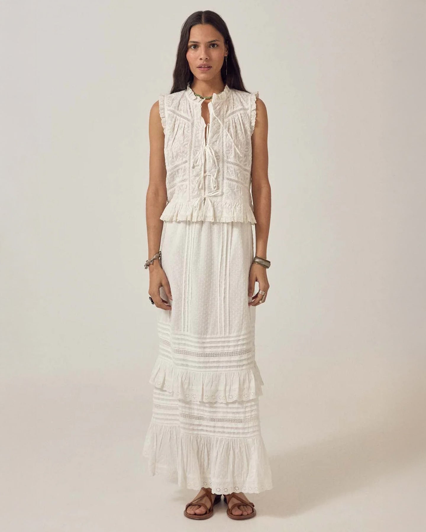 Camila Emb Tie Top - White