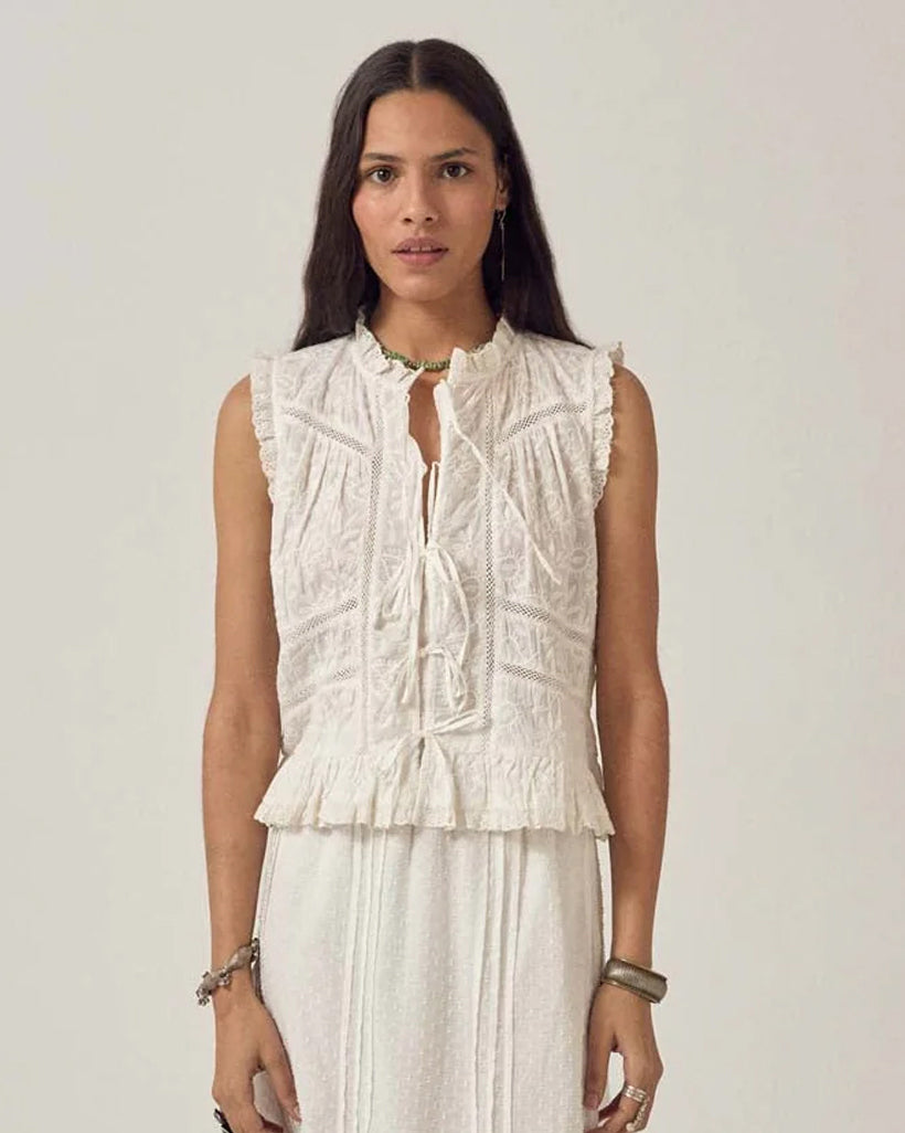 Camila Emb Tie Top - White