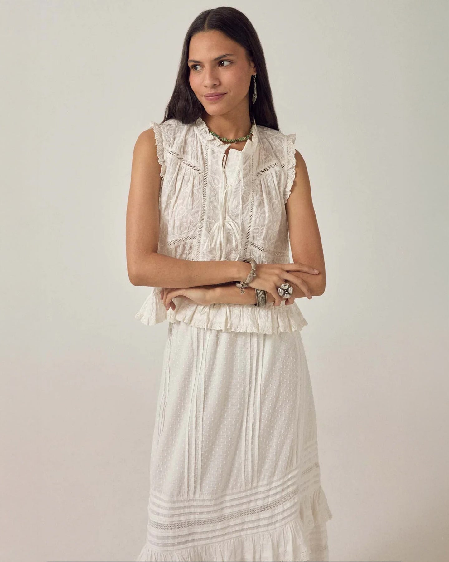 Camila Emb Tie Top - White