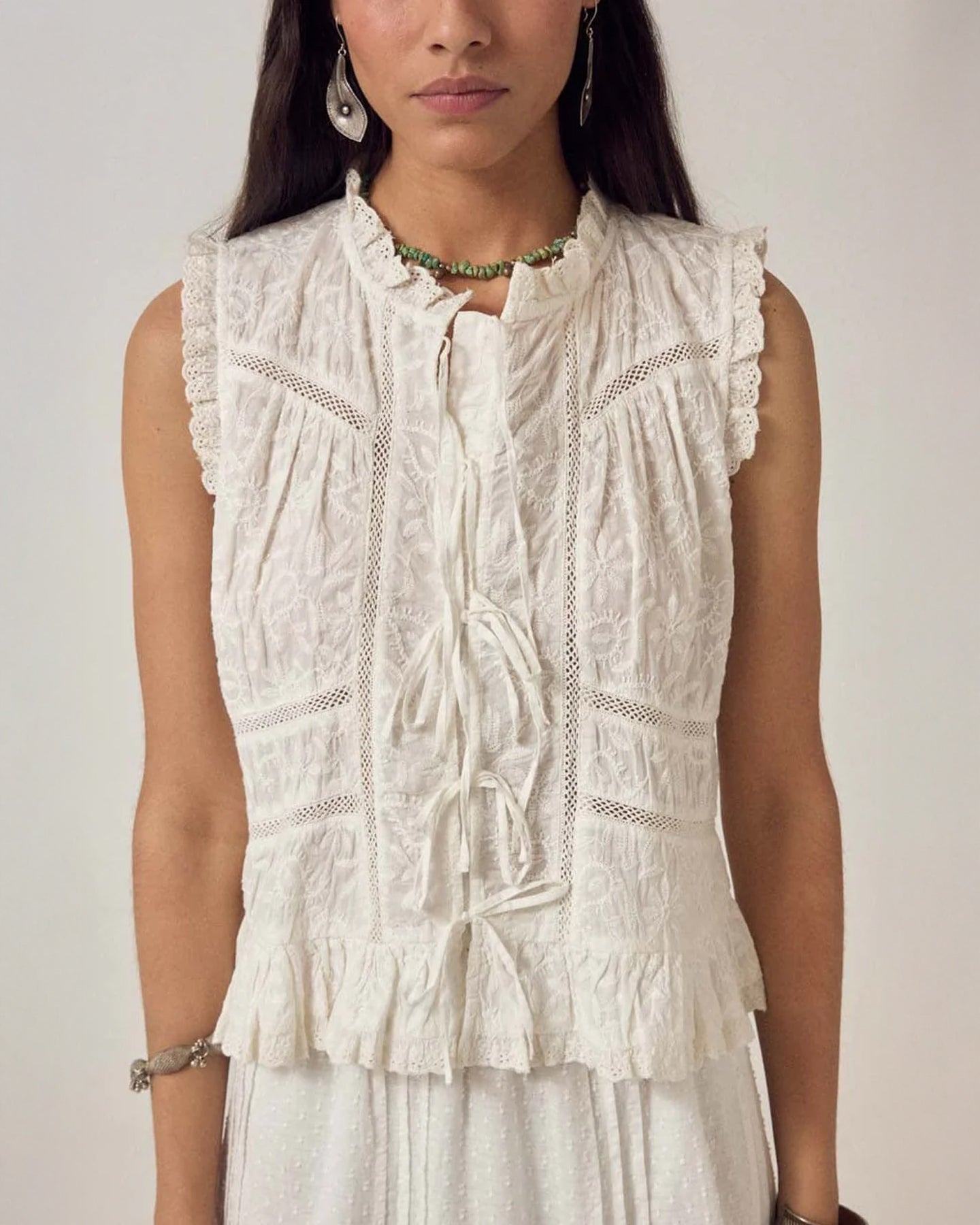 Camila Emb Tie Top - White