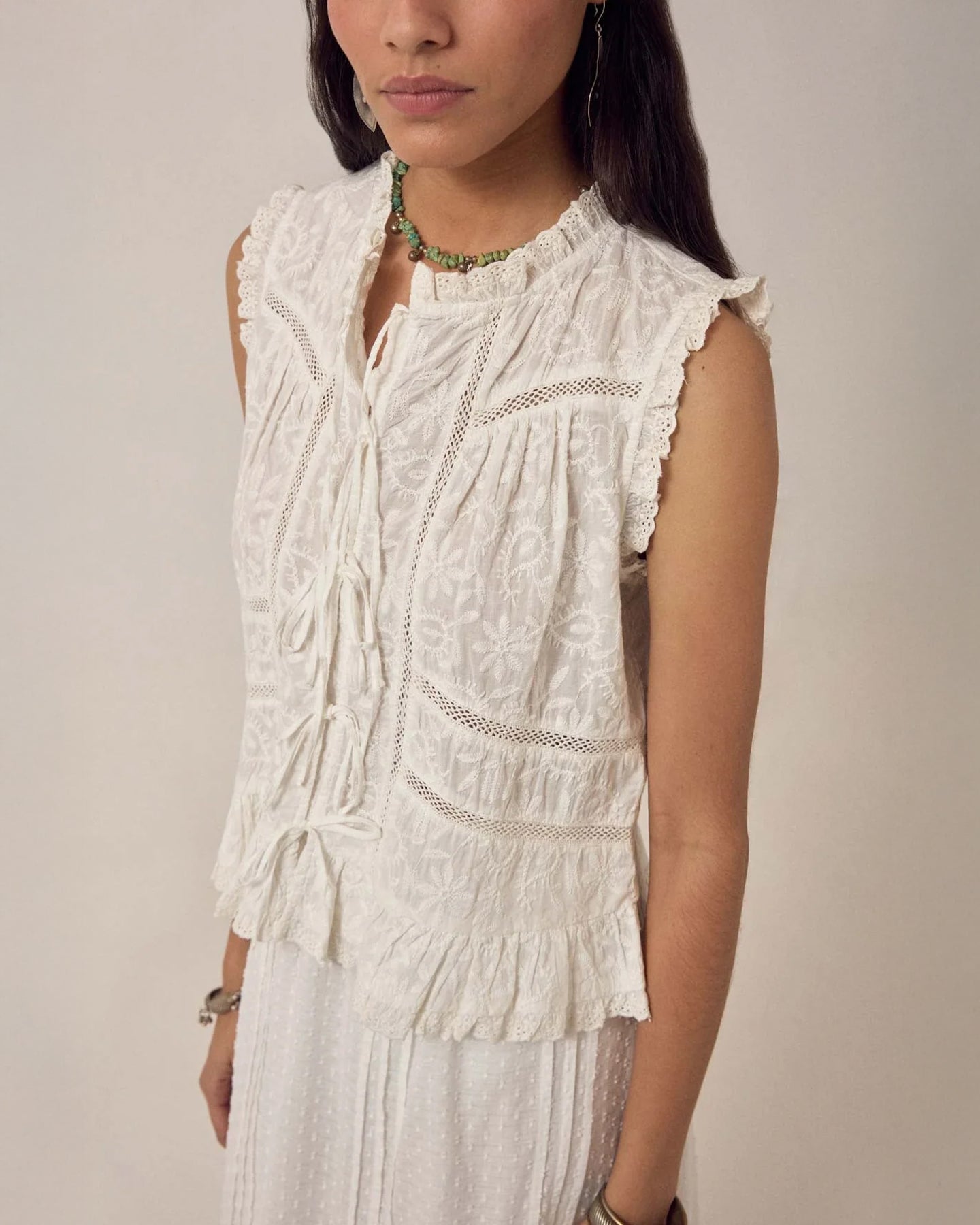 Camila Emb Tie Top - White