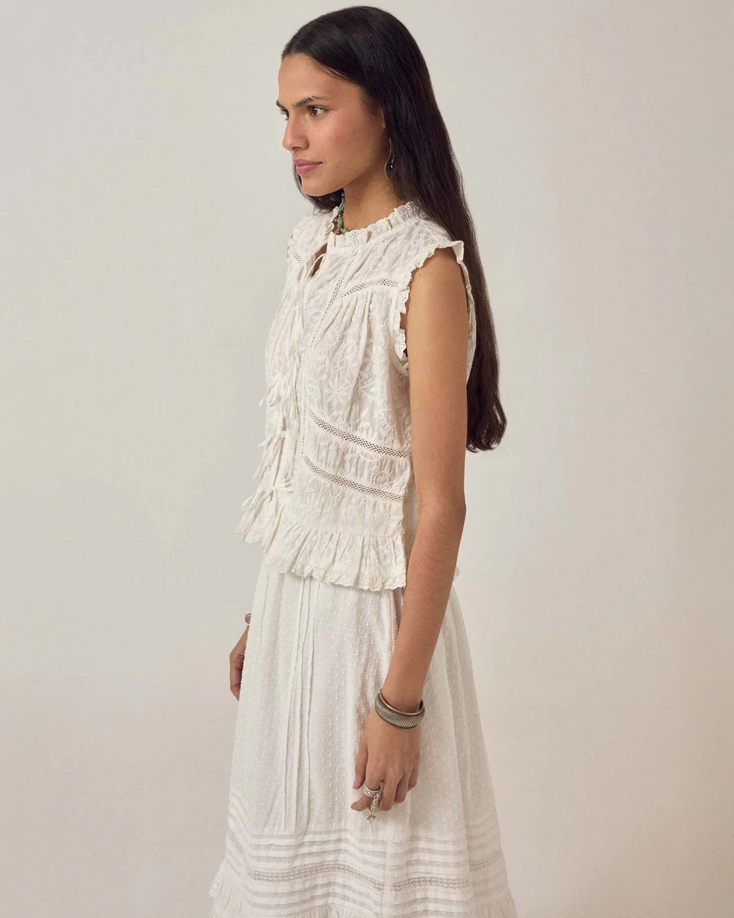 Camila Emb Tie Top - White