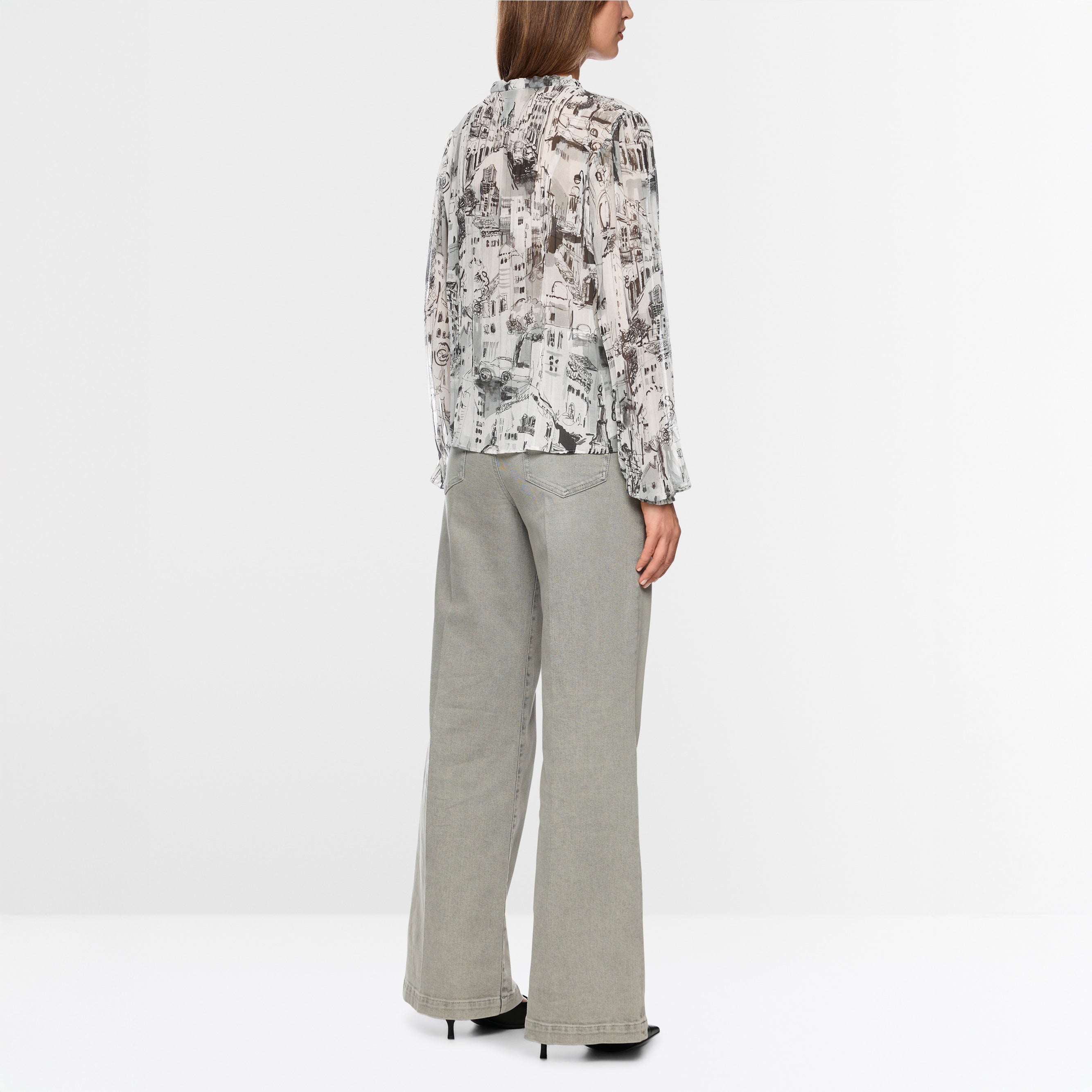 City Art Print Ruffle Blouse - Smoke
