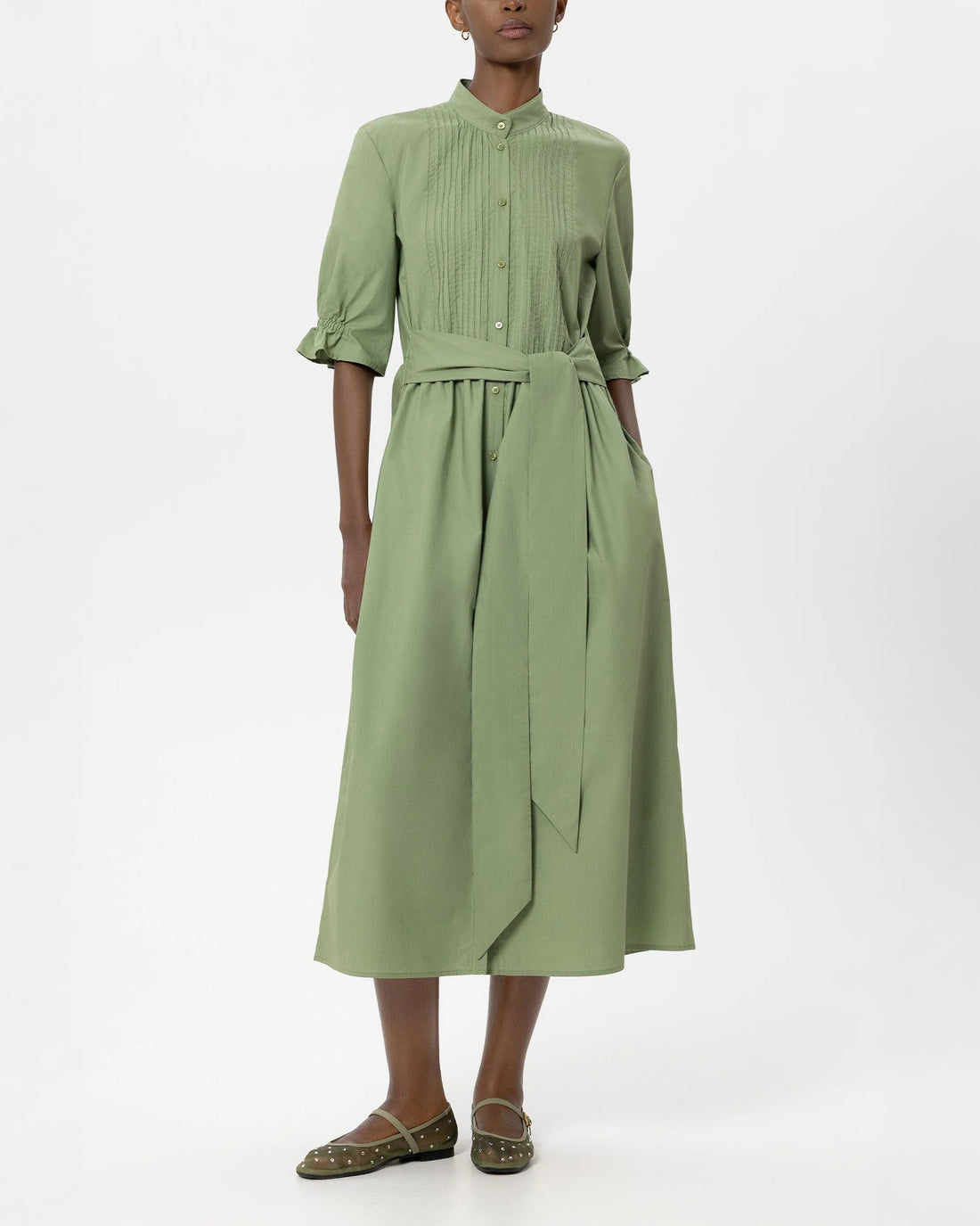 Cotton Shirt Dress - Moss Green