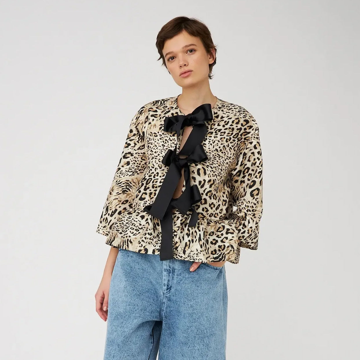 Crispy Peplum Bow Blouse - Leopard