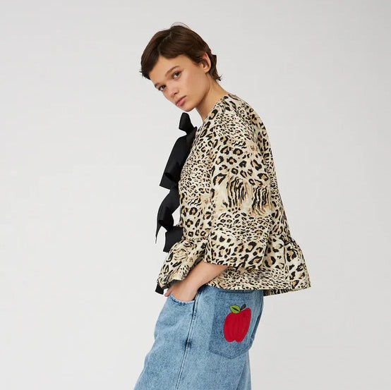 Crispy Peplum Bow Blouse - Leopard