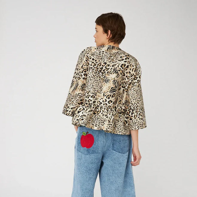 Crispy Peplum Bow Blouse - Leopard