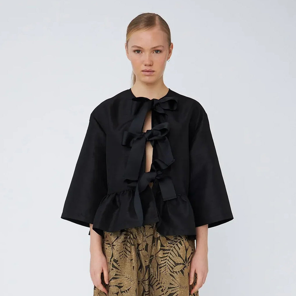 Crispy Peplum Bow Blouse - Black