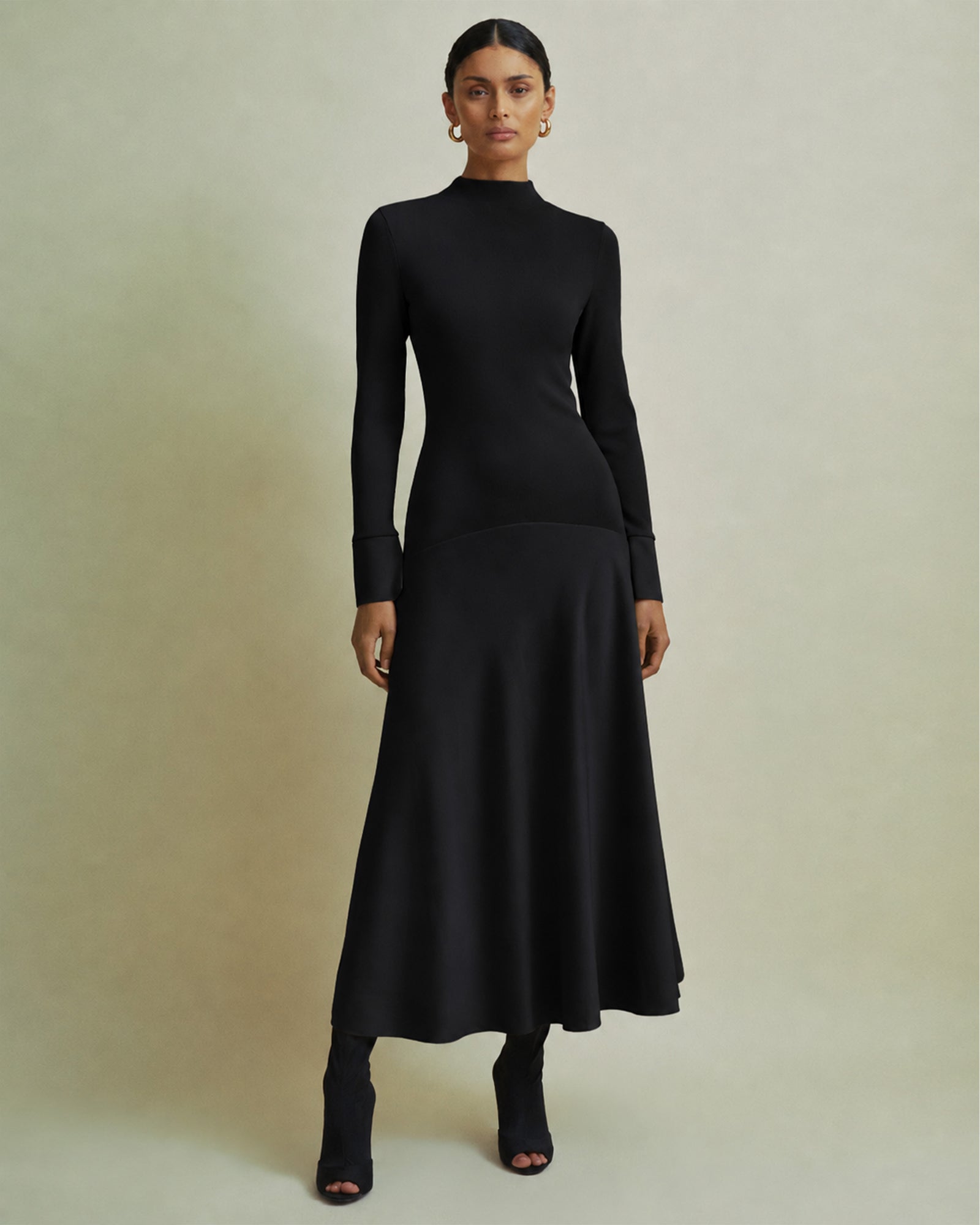 Satin Curved Seam Midi Dress - Black