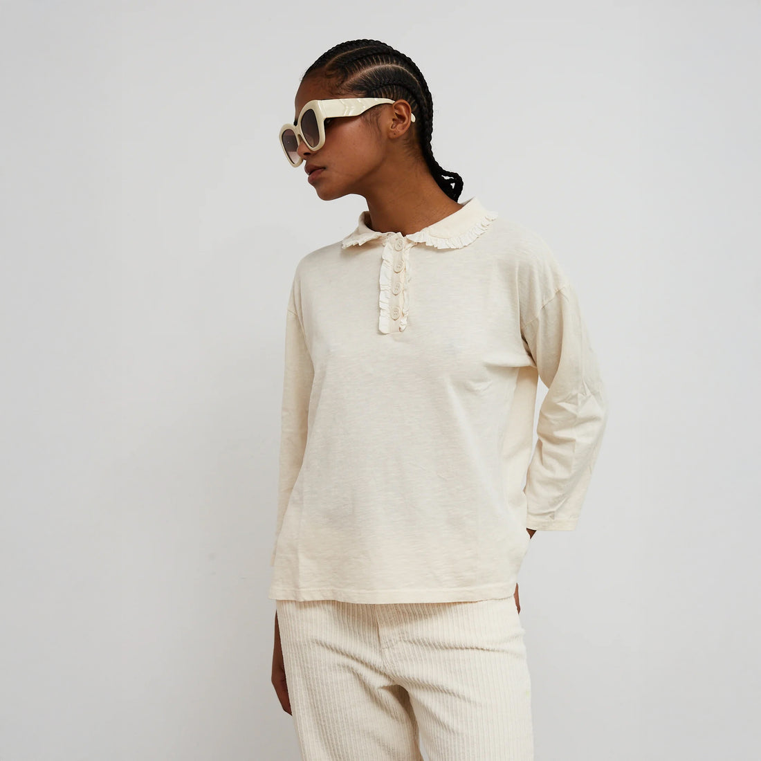 Crush Jersey Frill Long Sleeve Top - Off White