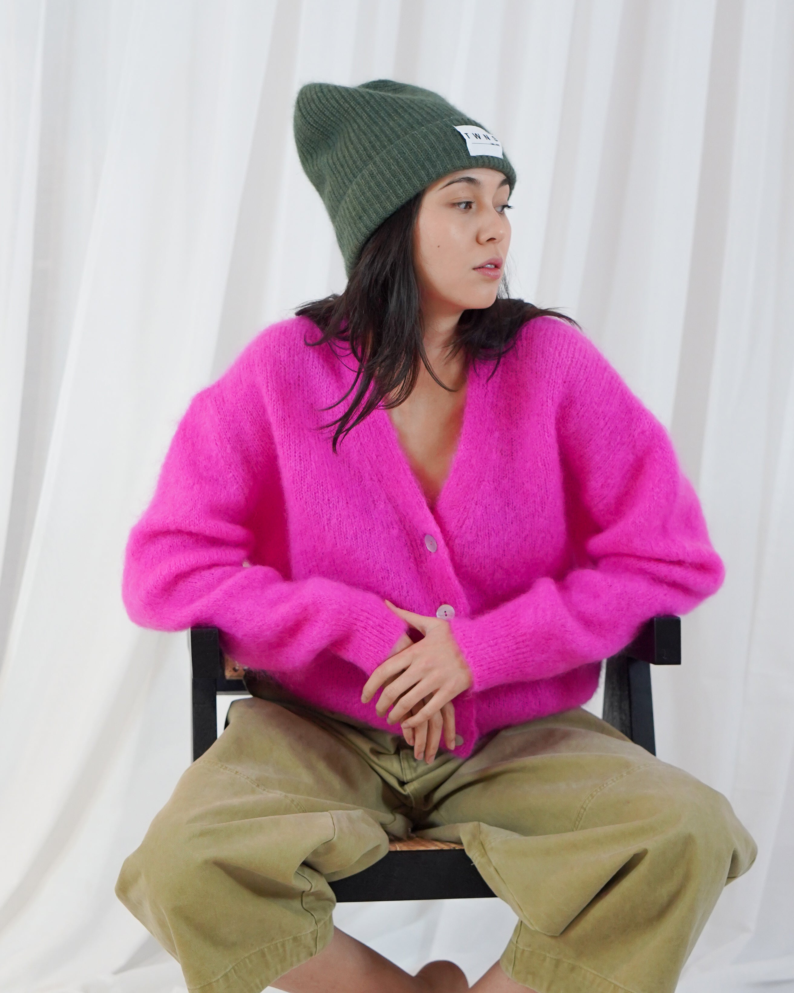 Malia Button V Neck Long Sleeve Cardigan - Neon Pink