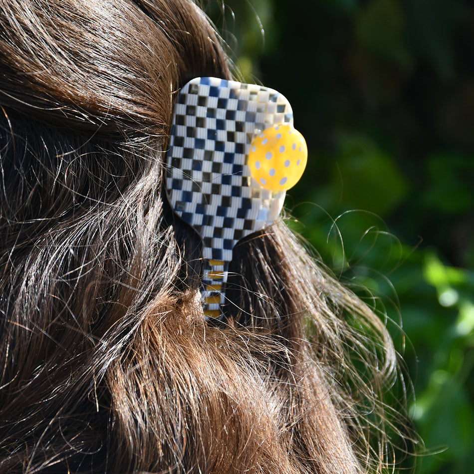 Hand-Painted Pickleball Paddle Claw Hair Clip - Pink Check