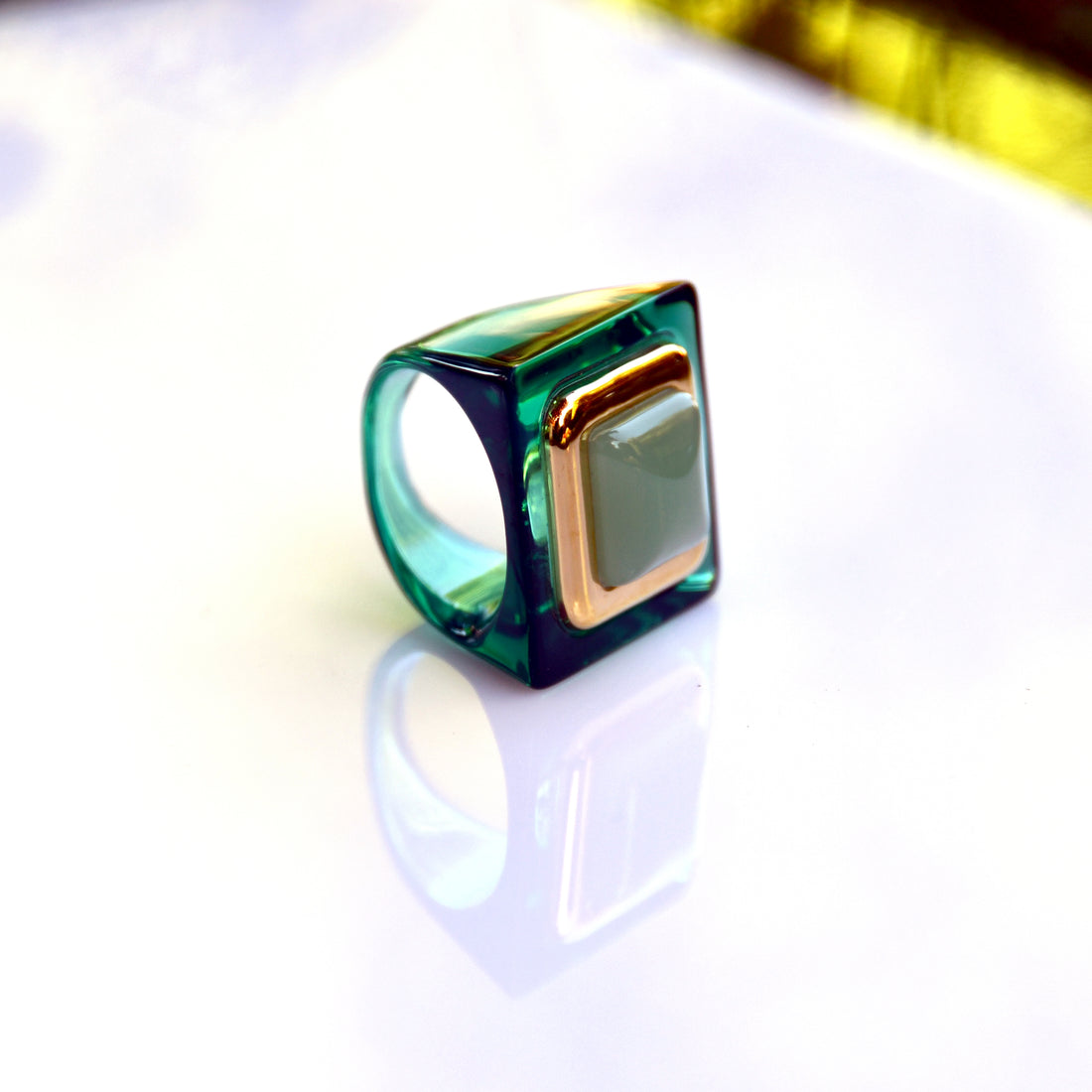 Large Square Ring - Oxidised Green - Jade Semi - Opaque