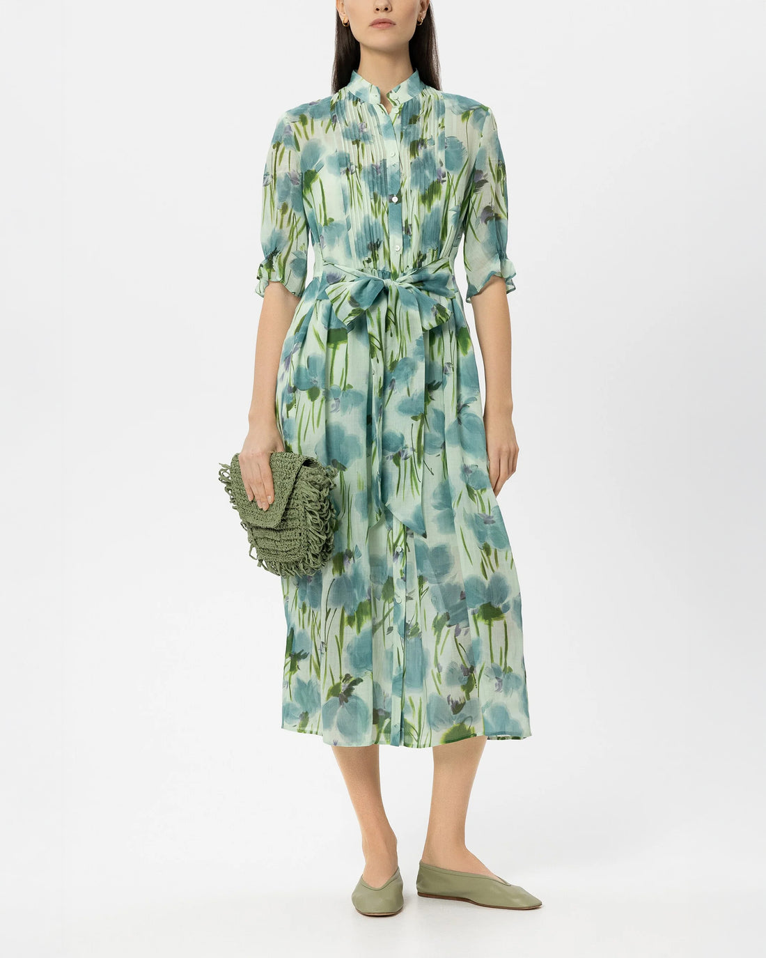 Dress With Floral Print - Moss Green