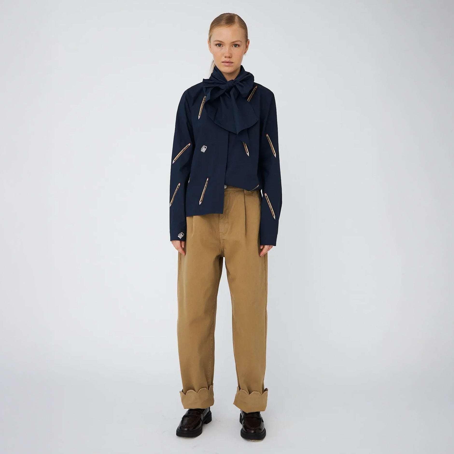 Embroidered Cotton Bow Shirt - Navy