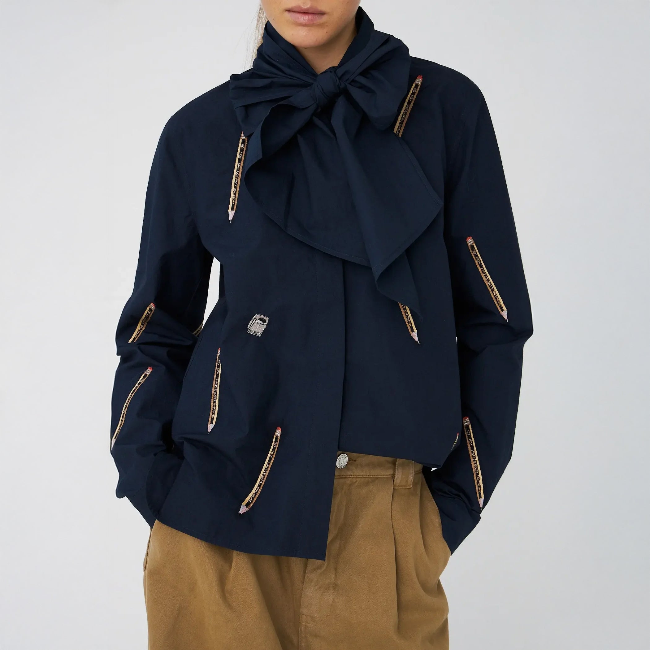 Embroidered Cotton Bow Shirt - Navy
